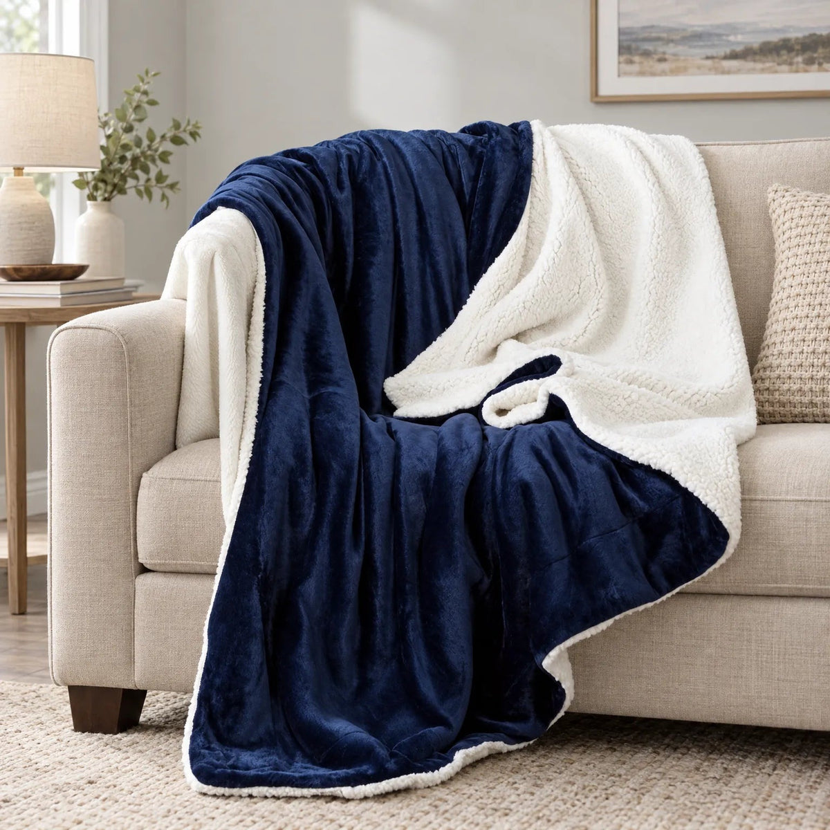 Reversible sherpa throw with flannel fleece