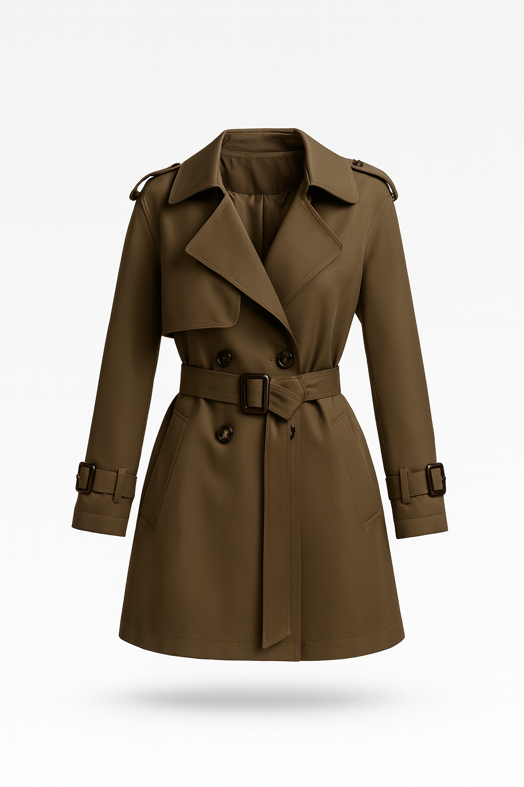 Women's short double-breasted trench coat with a belt - olive