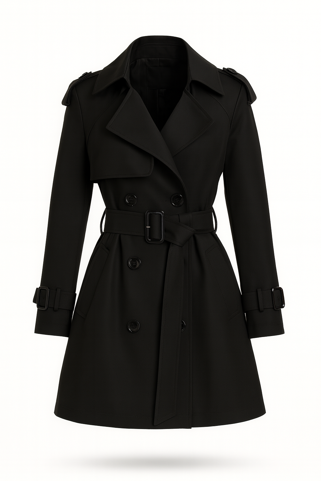 Women's short double-breasted trench coat with a belt - black