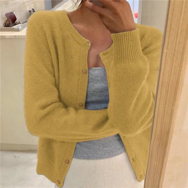 Women's short fine knit cardigan with a crew neck and small buttons - mustard