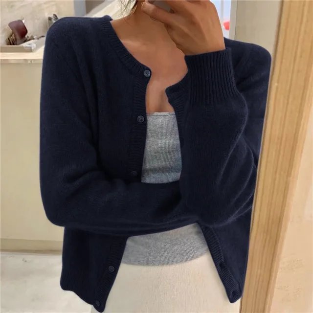 Women's short fine knit cardigan with a crew neck and small buttons - navy