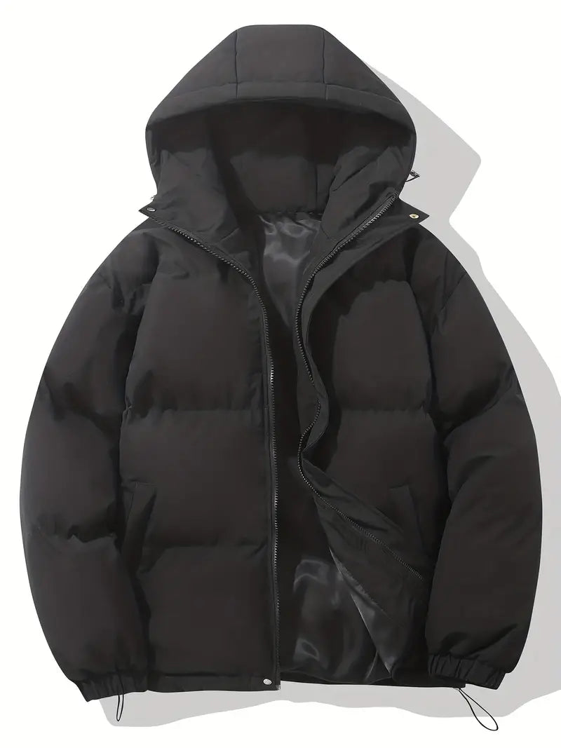 Women's short puffer jacket with a hood, high stand collar and drawcord hem - black