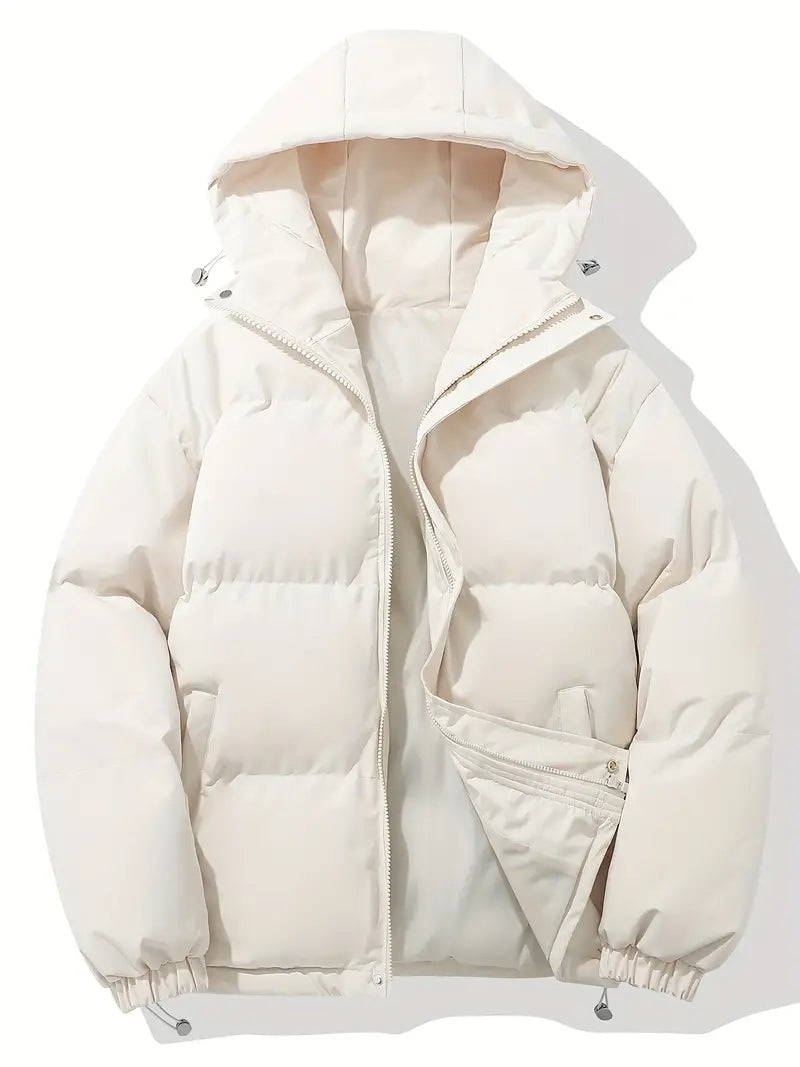 Women's short puffer jacket with a hood, high stand collar and drawcord hem - cream