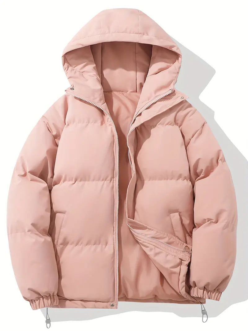 Women's short puffer jacket with a hood, high stand collar and drawcord hem - light pink