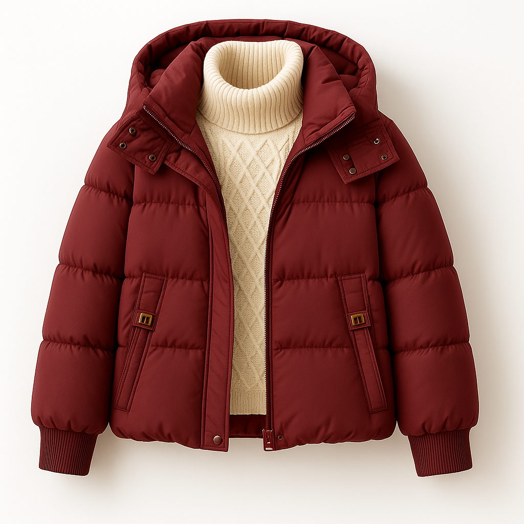 Women's short hooded puffer jacket with ribbed cuffs - burgundy