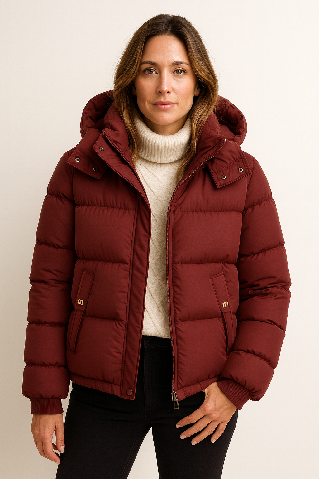 Women's short hooded puffer jacket with ribbed cuffs