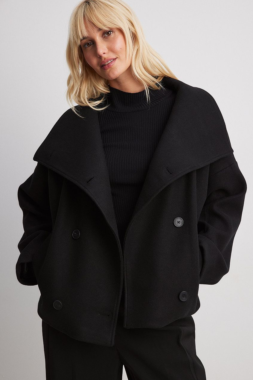 Women's short oversized wool-look coat with a wide collar and double-breasted front - black