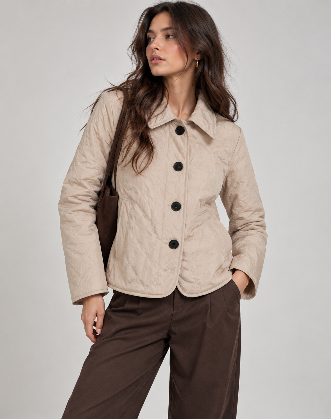 Short quilted jacket for women with shirt collar, four buttons and wavy quilting - beige