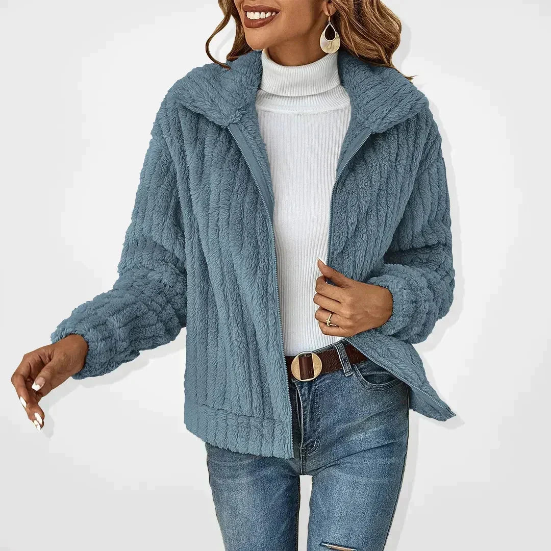 Women's short teddy cardigan with a zip front, ribbed texture and wide collar - dusty blue
