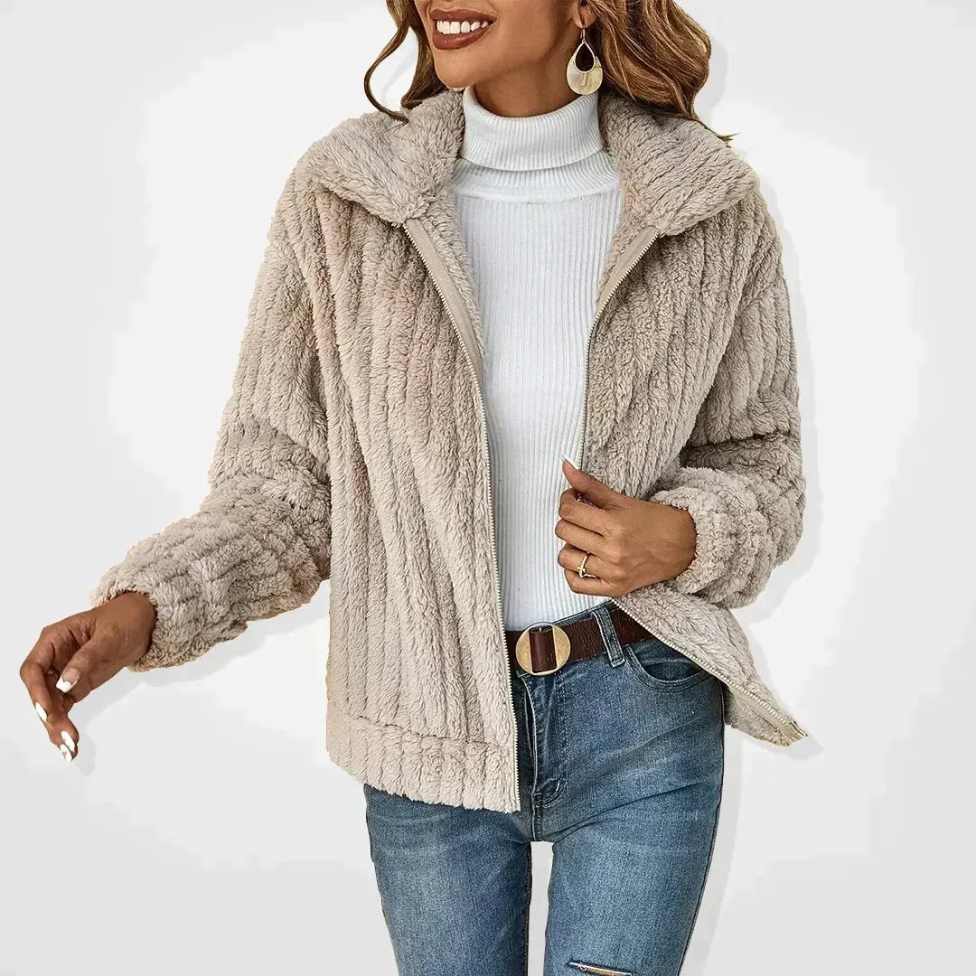 Women's short teddy cardigan with a zip front, ribbed texture and wide collar - beige
