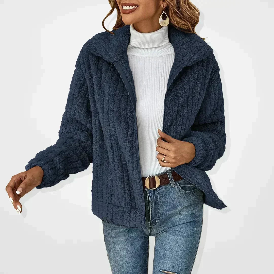 Women's short teddy cardigan with a zip front, ribbed texture and wide collar - navy