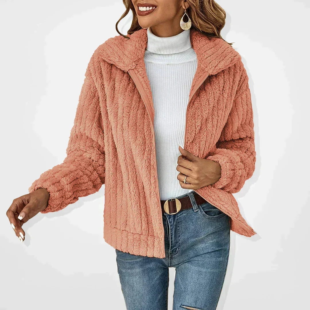 Women's short teddy cardigan with a zip front, ribbed texture and wide collar - coral pink