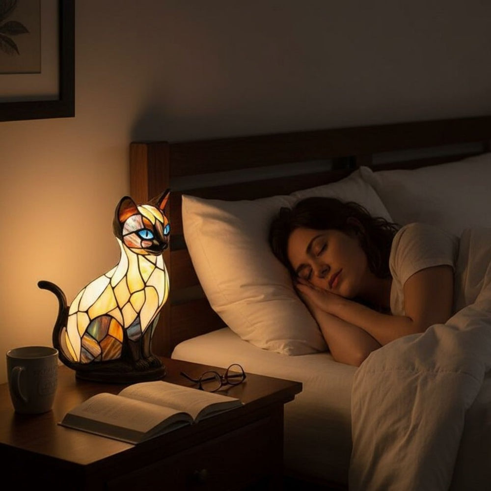 Siamese cat lamp in a stained glass look with a cream body, dark head and ears and blue eyes