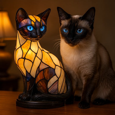 Siamese cat lamp in a stained glass look with a cream body, dark head and ears and blue eyes