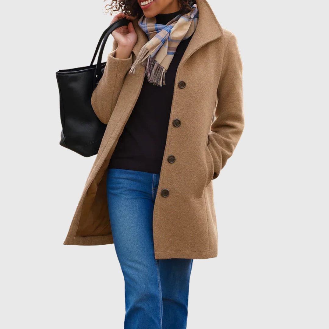 Women's single-breasted wool-look coat with a high collar - camel