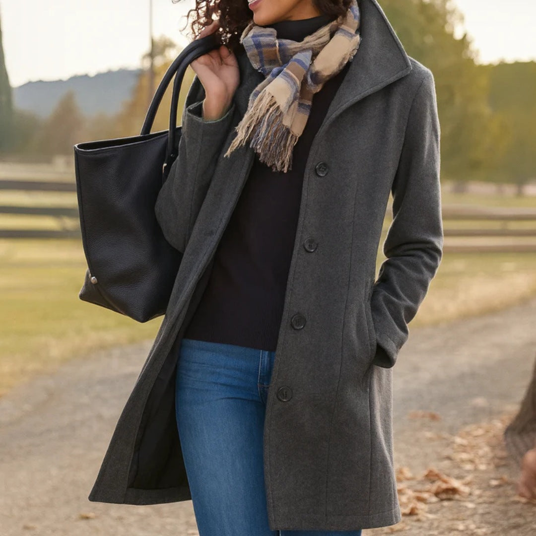Women's single-breasted wool-look coat with a high collar - charcoal