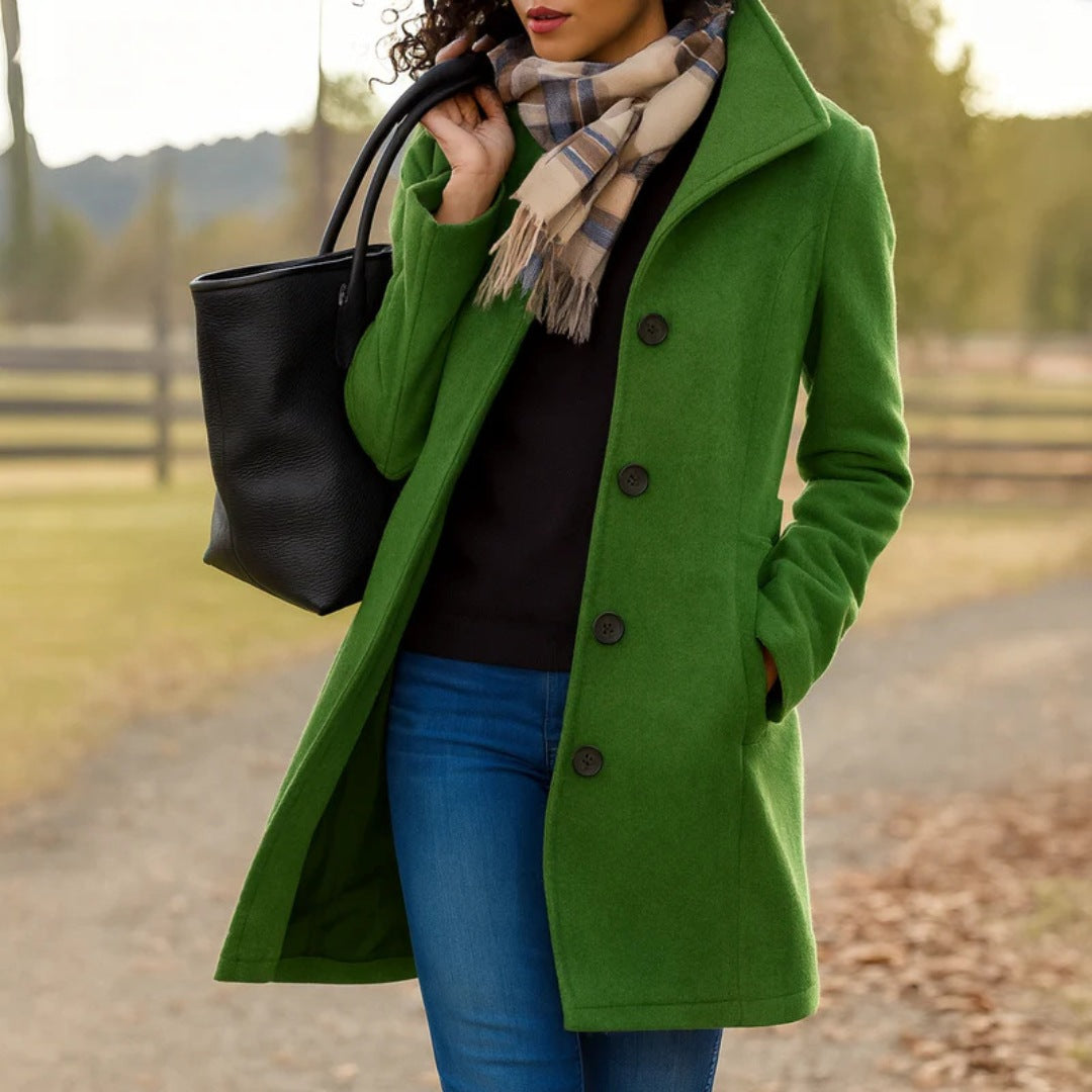 Women's single-breasted wool-look coat with a high collar - green
