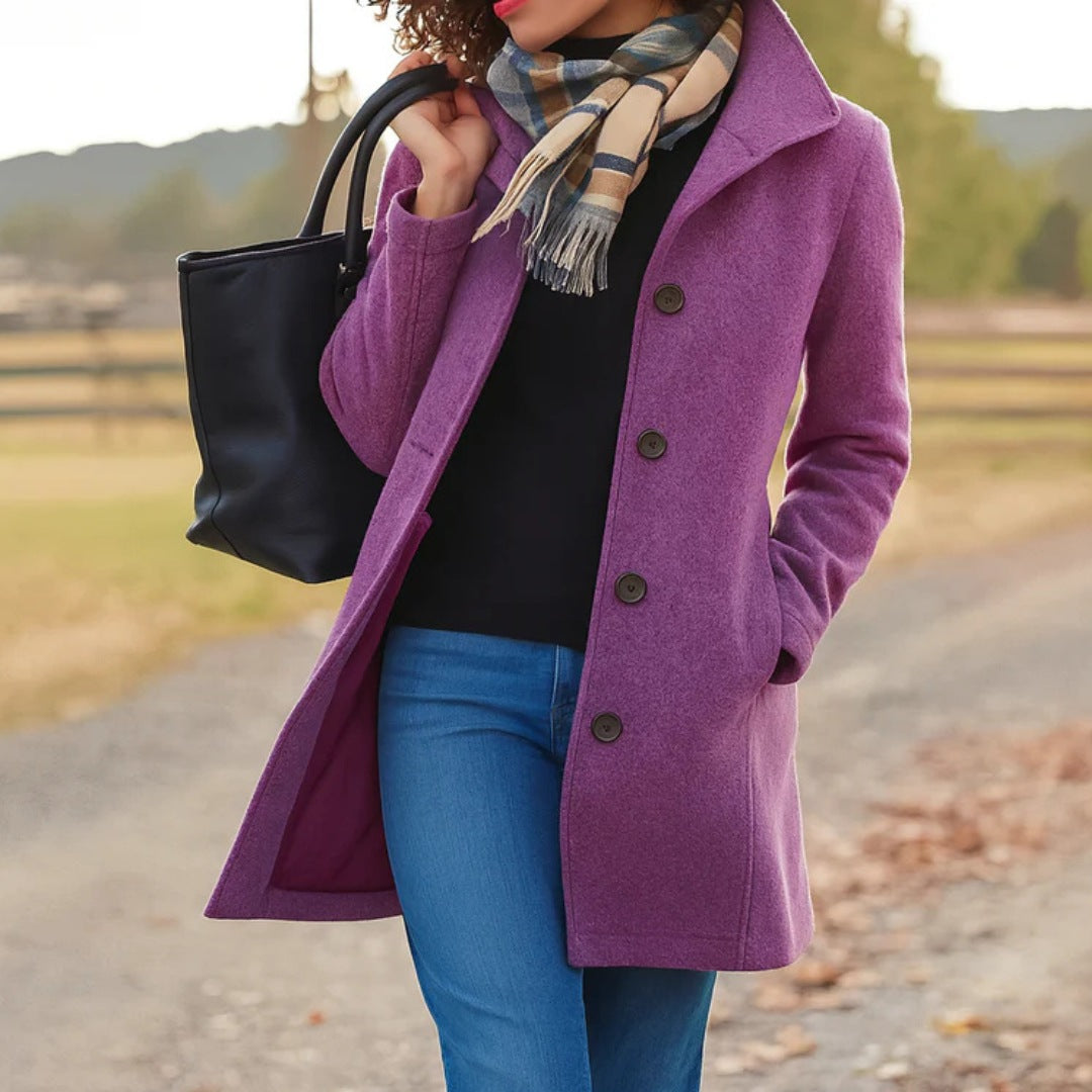 Women's single-breasted wool-look coat with a high collar - purple