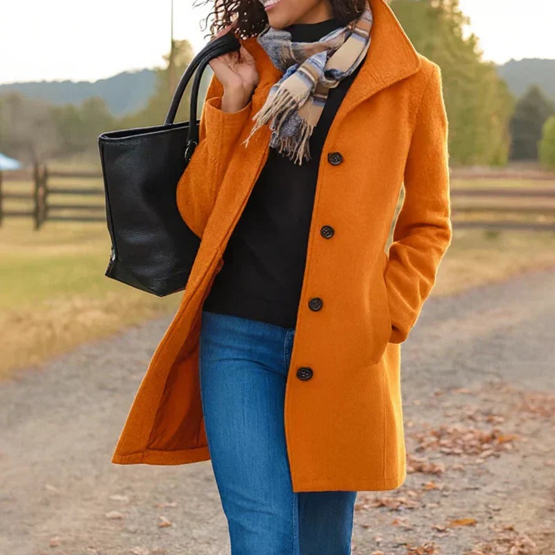 Women's single-breasted wool-look coat with a high collar - orange