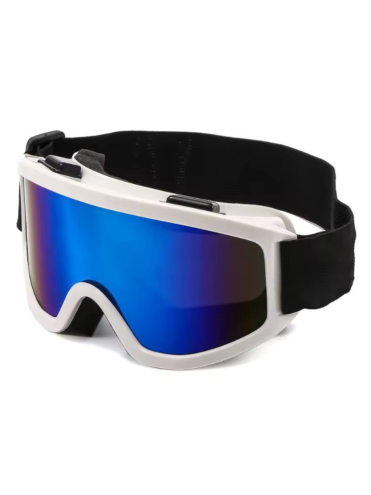 Ski goggles with a double blue mirrored lens, foam padding and an adjustable strap - white