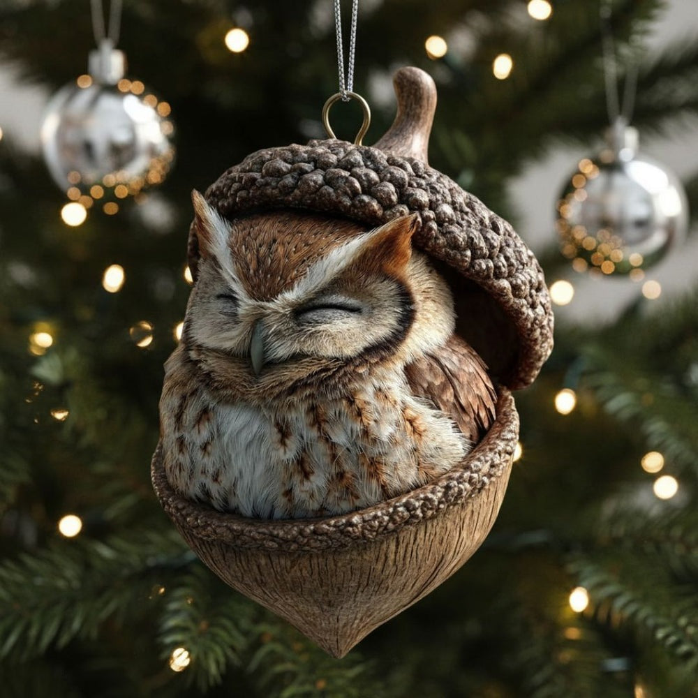 Flat acrylic Christmas ornament printed with a sleeping animal in an acorn, hanging on a tree - owl