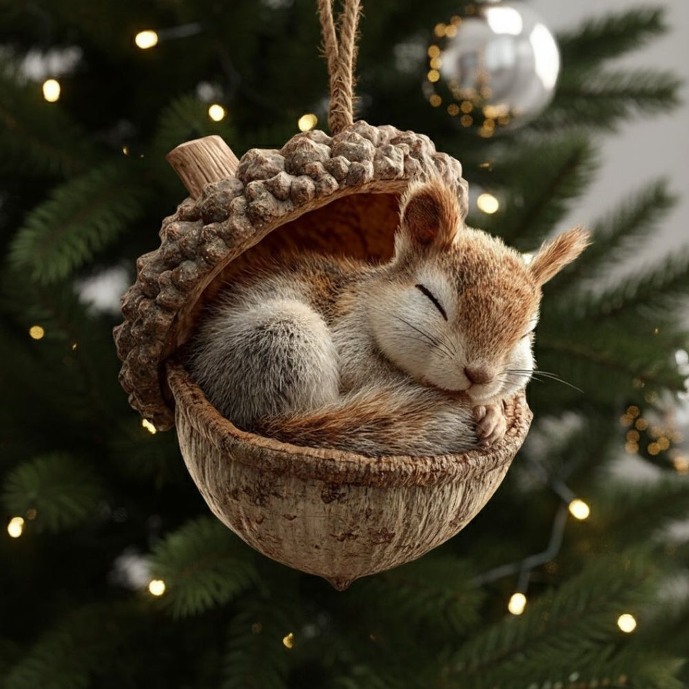 Flat acrylic Christmas ornament printed with a sleeping animal in an acorn, hanging on a tree - squirrel