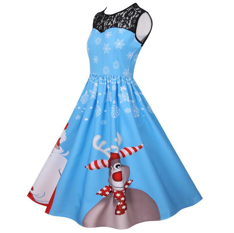 Women's sleeveless Christmas dress with black lace yoke and reindeer print