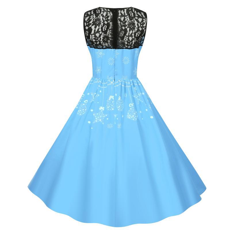 Women's sleeveless Christmas dress with black lace yoke and reindeer print