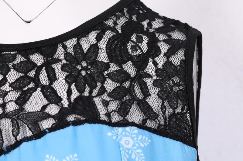 Women's sleeveless Christmas dress with black lace yoke and reindeer print
