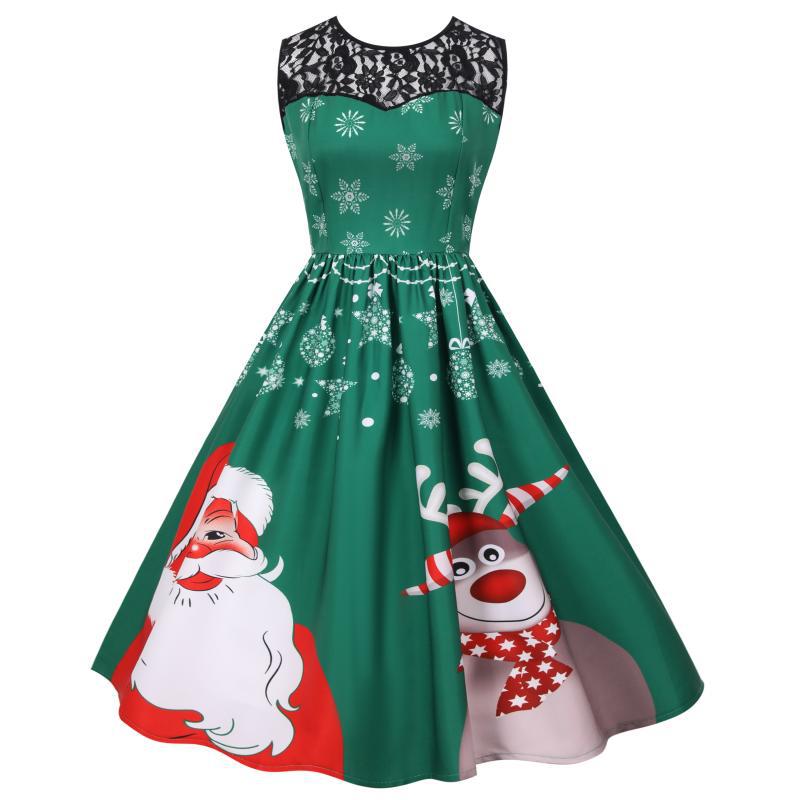 Women's sleeveless Christmas dress with black lace yoke and reindeer print - green