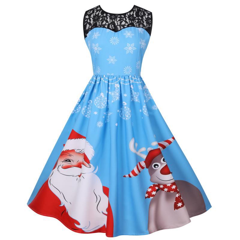 Women's sleeveless Christmas dress with black lace yoke and reindeer print - sky blue