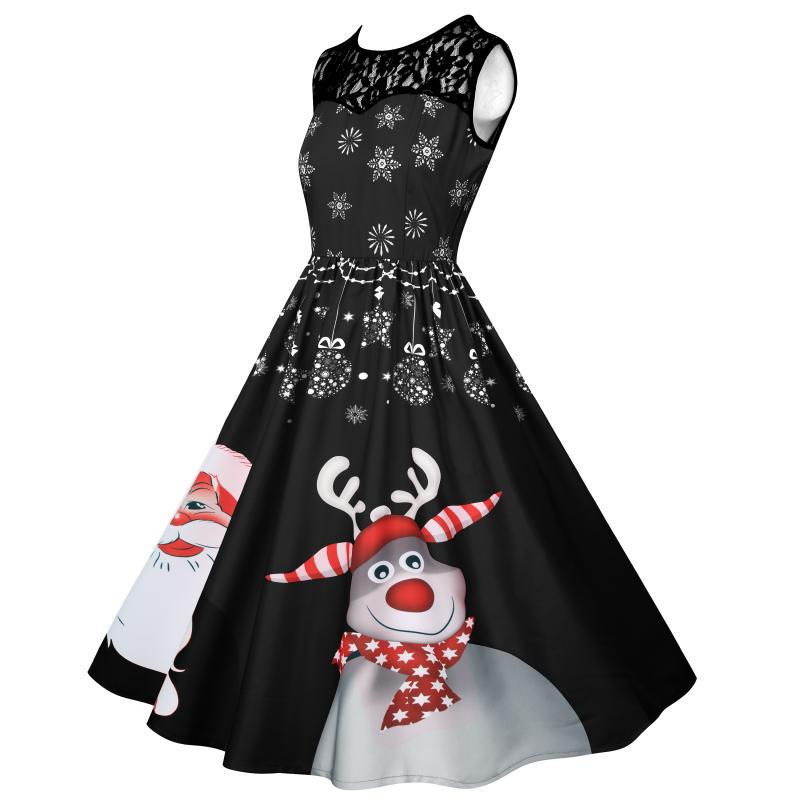 Women's sleeveless Christmas dress with black lace yoke and reindeer print