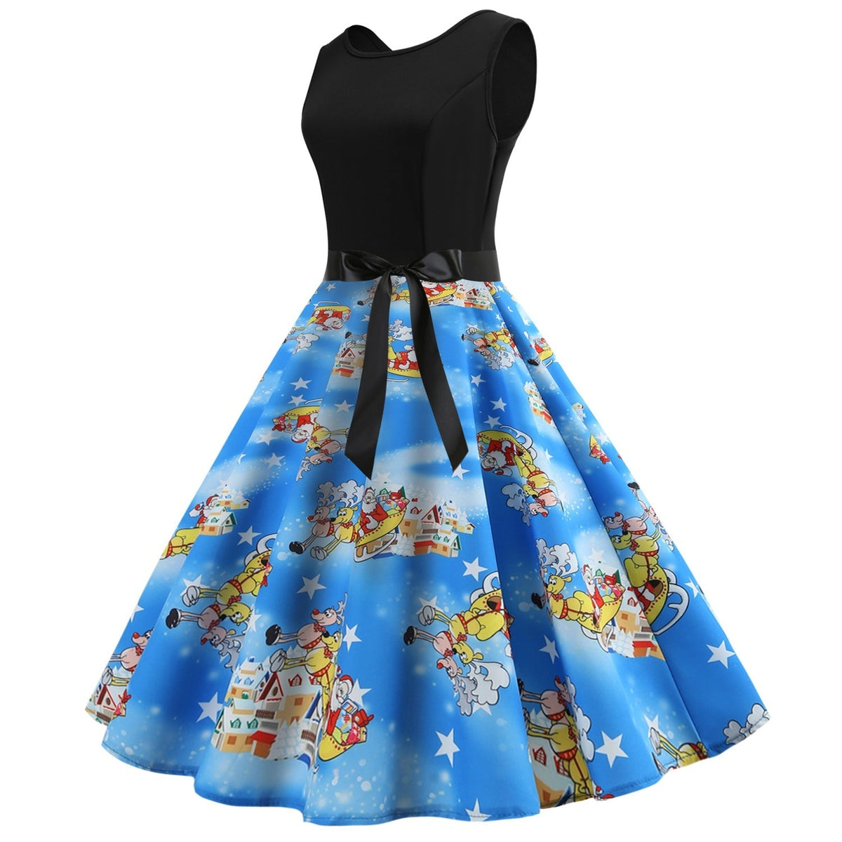 Women's sleeveless Christmas swing dress, black bodice and blue sleigh-print skirt