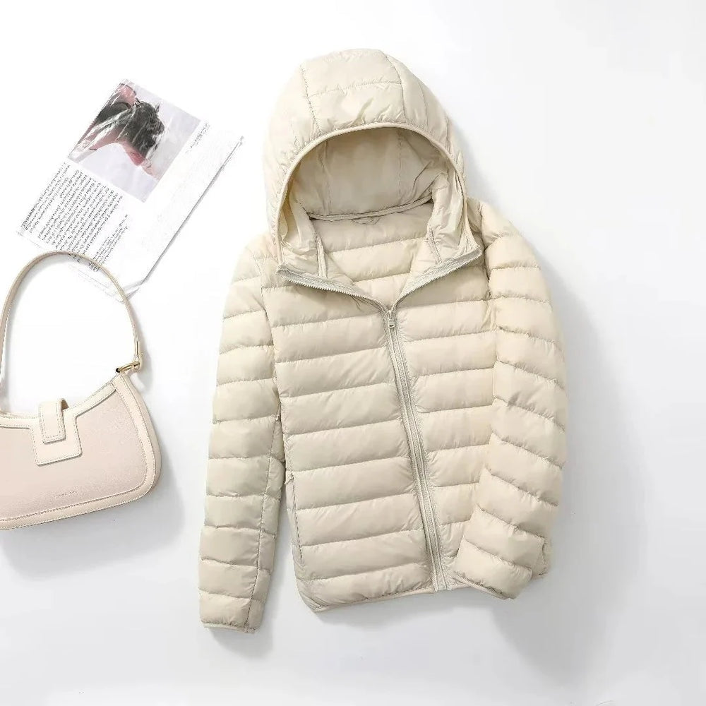 Women's slim lightweight puffer jacket with narrow quilting and a hood - ivory