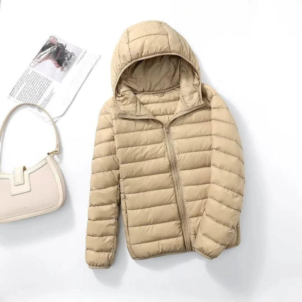 Women's slim lightweight puffer jacket with narrow quilting and a hood - sand beige