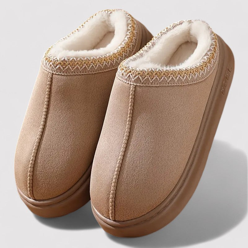 Slip-on slippers in a suede look with teddy lining, woven trim and a thick sole
