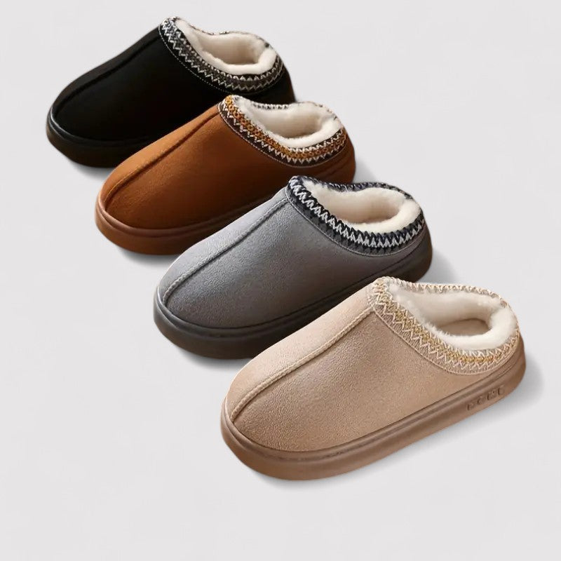 Slip-on slippers in a suede look with teddy lining, woven trim and a thick sole