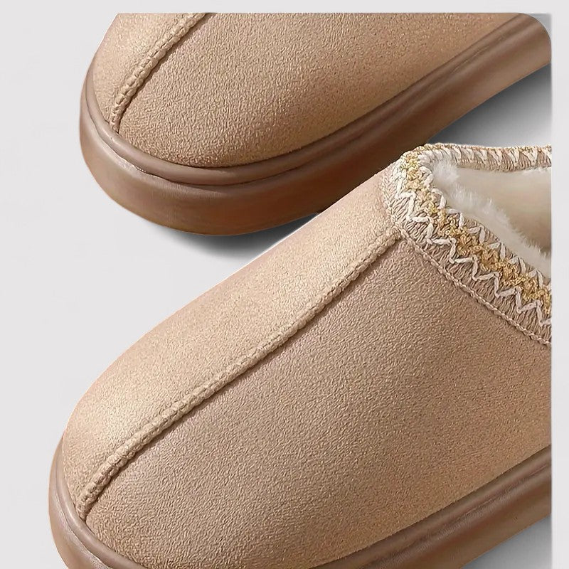 Slip-on slippers in a suede look with teddy lining, woven trim and a thick sole