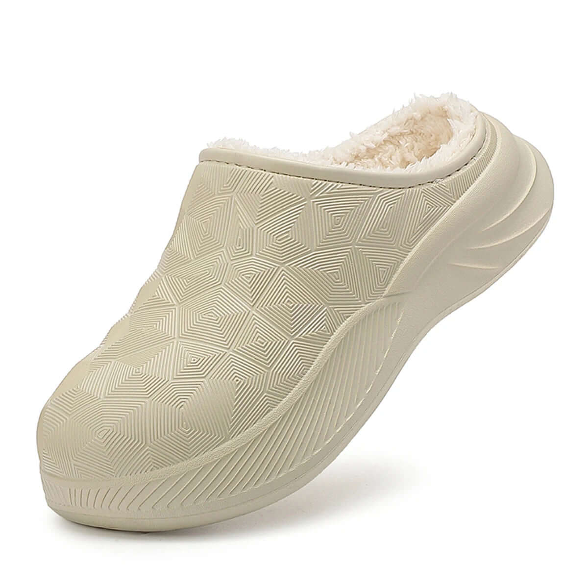 Slippers with a water-repellent geometric relief upper, teddy lining and thick EVA sole - beige