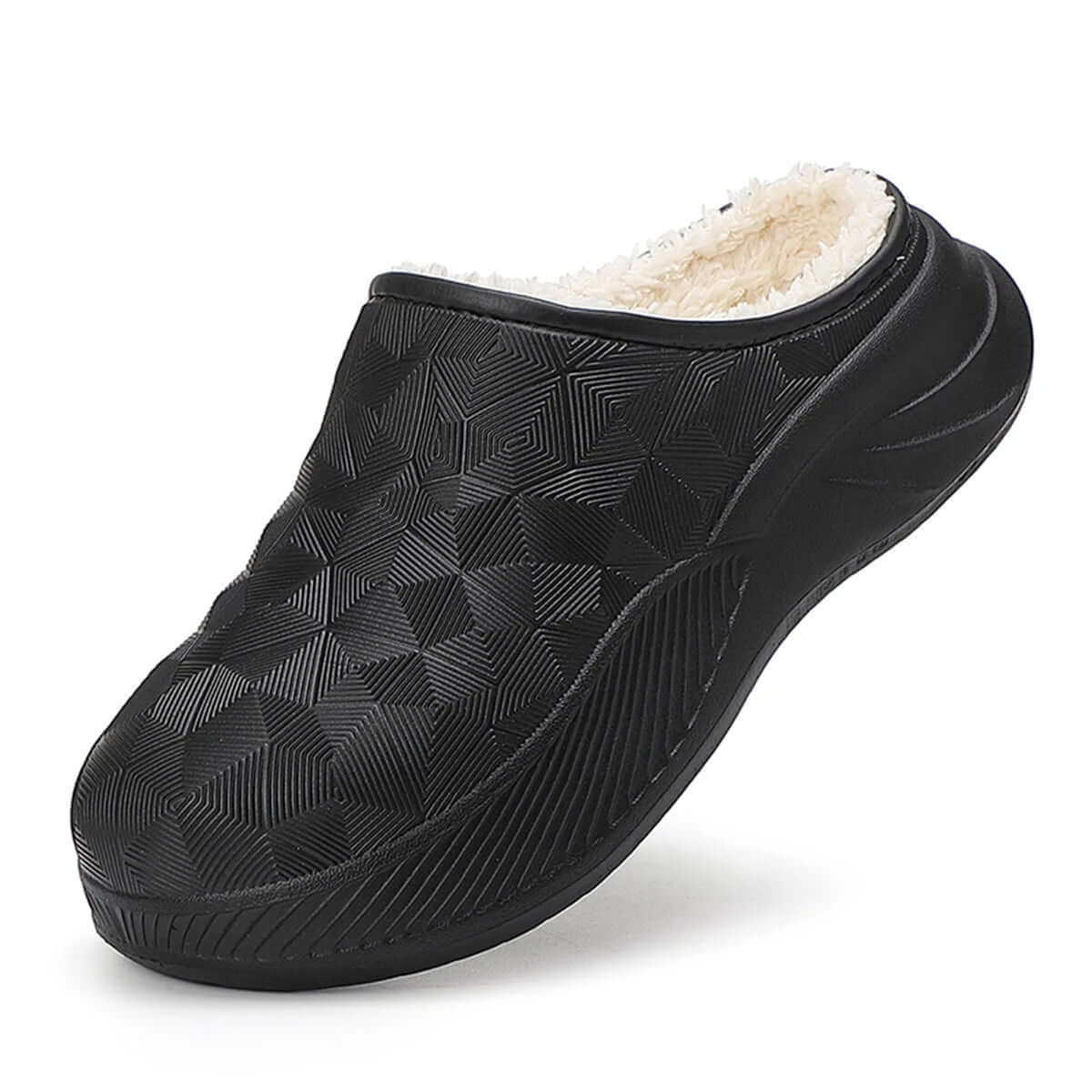Slippers with a water-repellent geometric relief upper, teddy lining and thick EVA sole - black