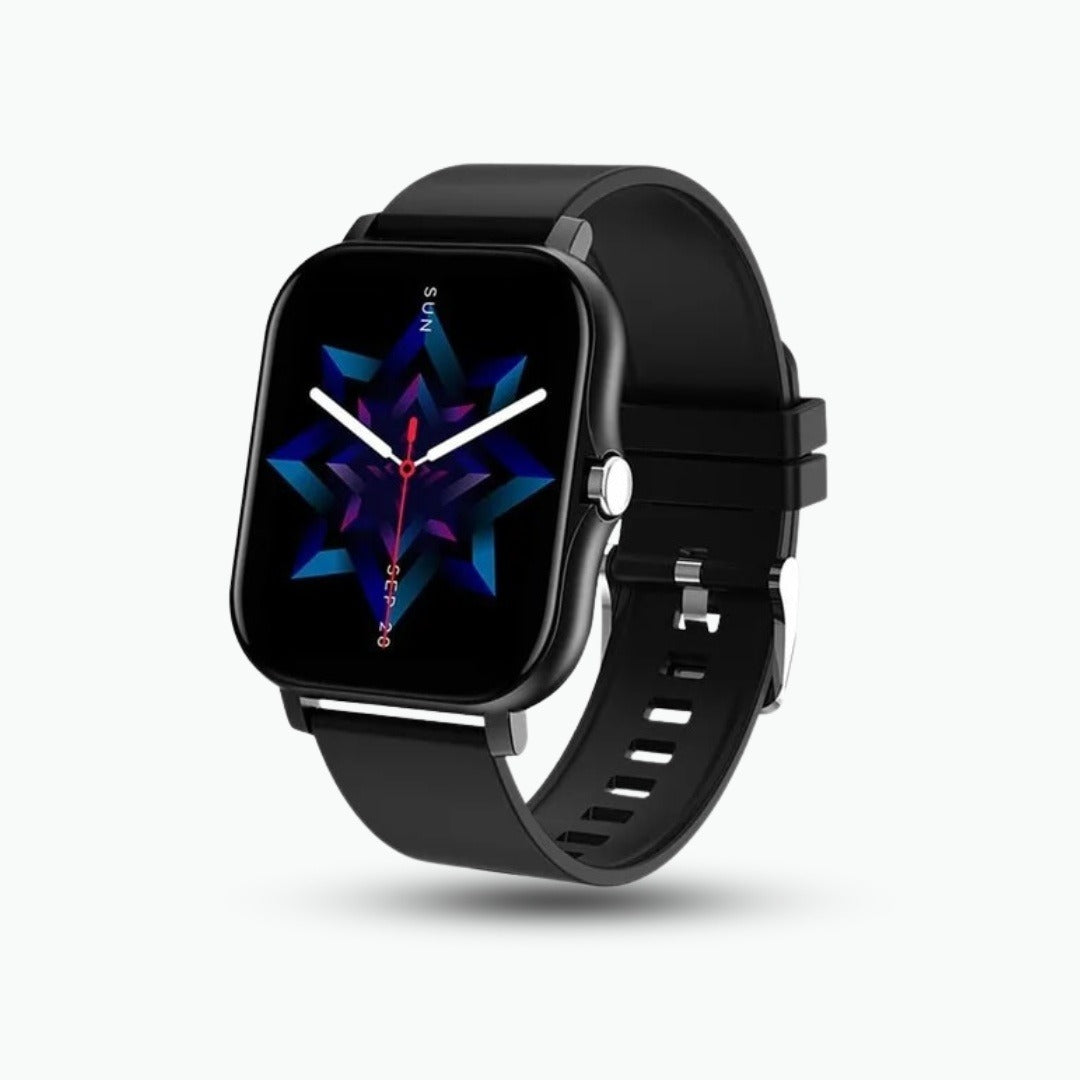 Smartwatch with a large square display and black silicone strap