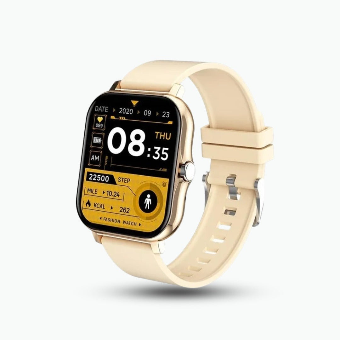 Smartwatch with a large square display in gold with a cream strap