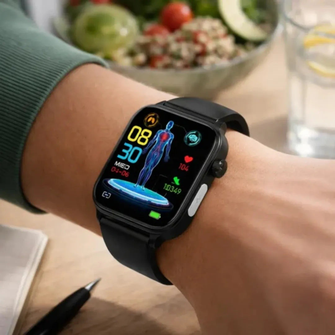 SOS smartwatch on the wrist at the table