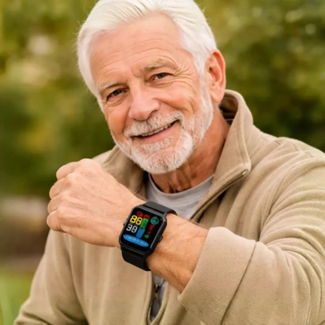 Older man wearing the SOS smartwatch