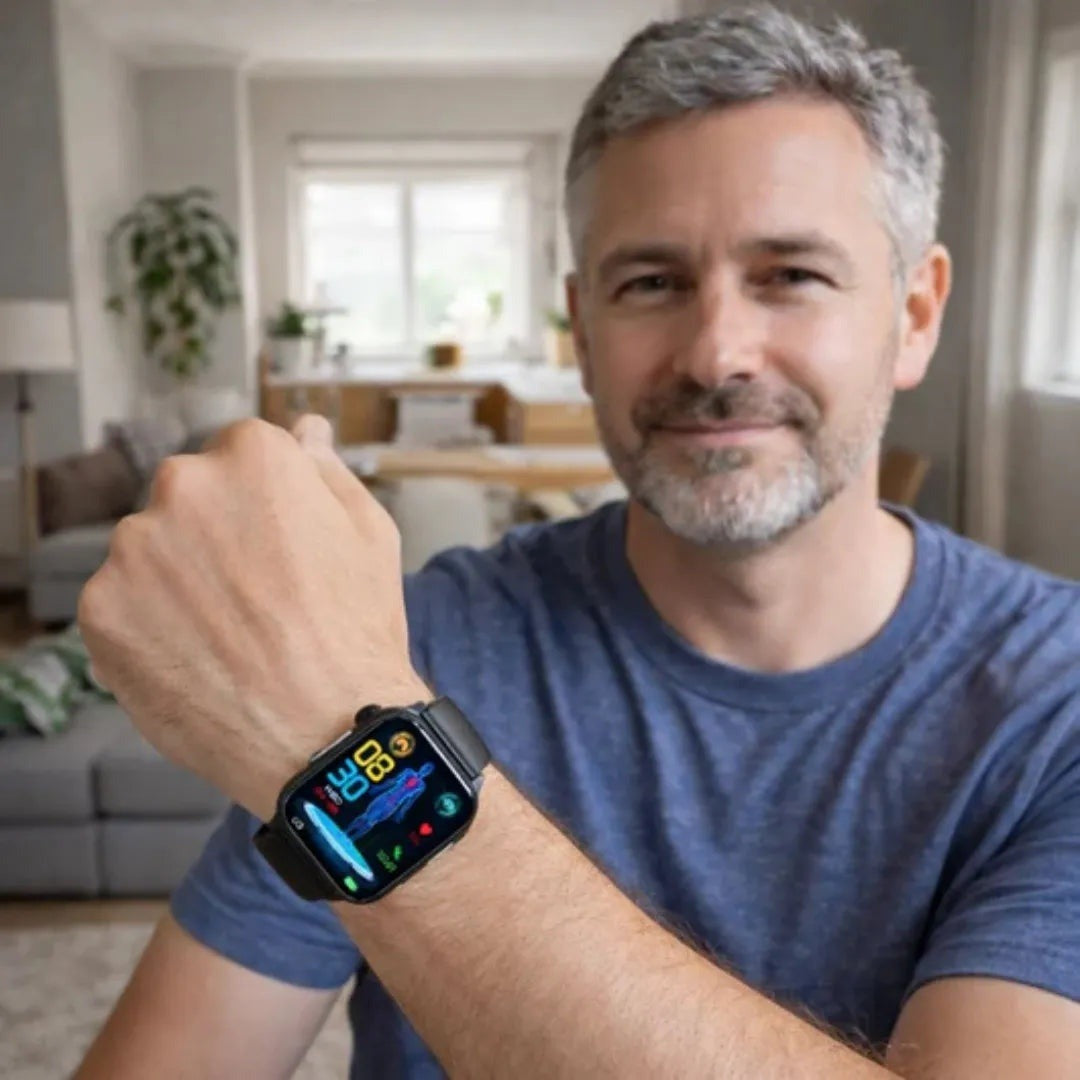 Man showing the SOS smartwatch on his wrist