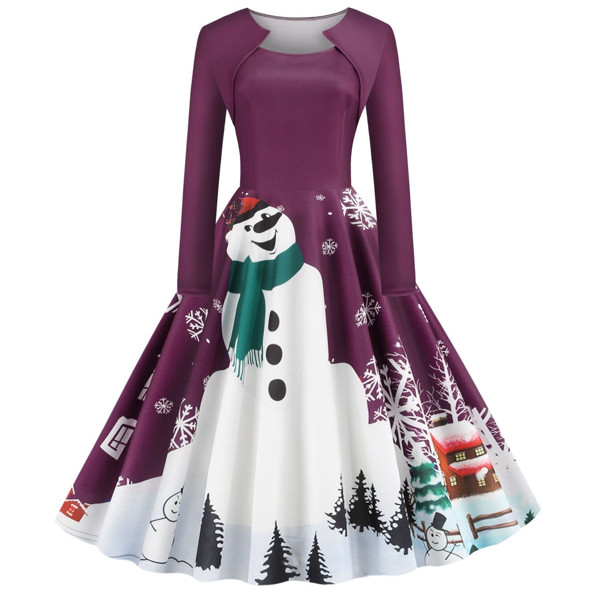 Women's Christmas dress with a large snowman print and mock-bolero bodice - purple snowman