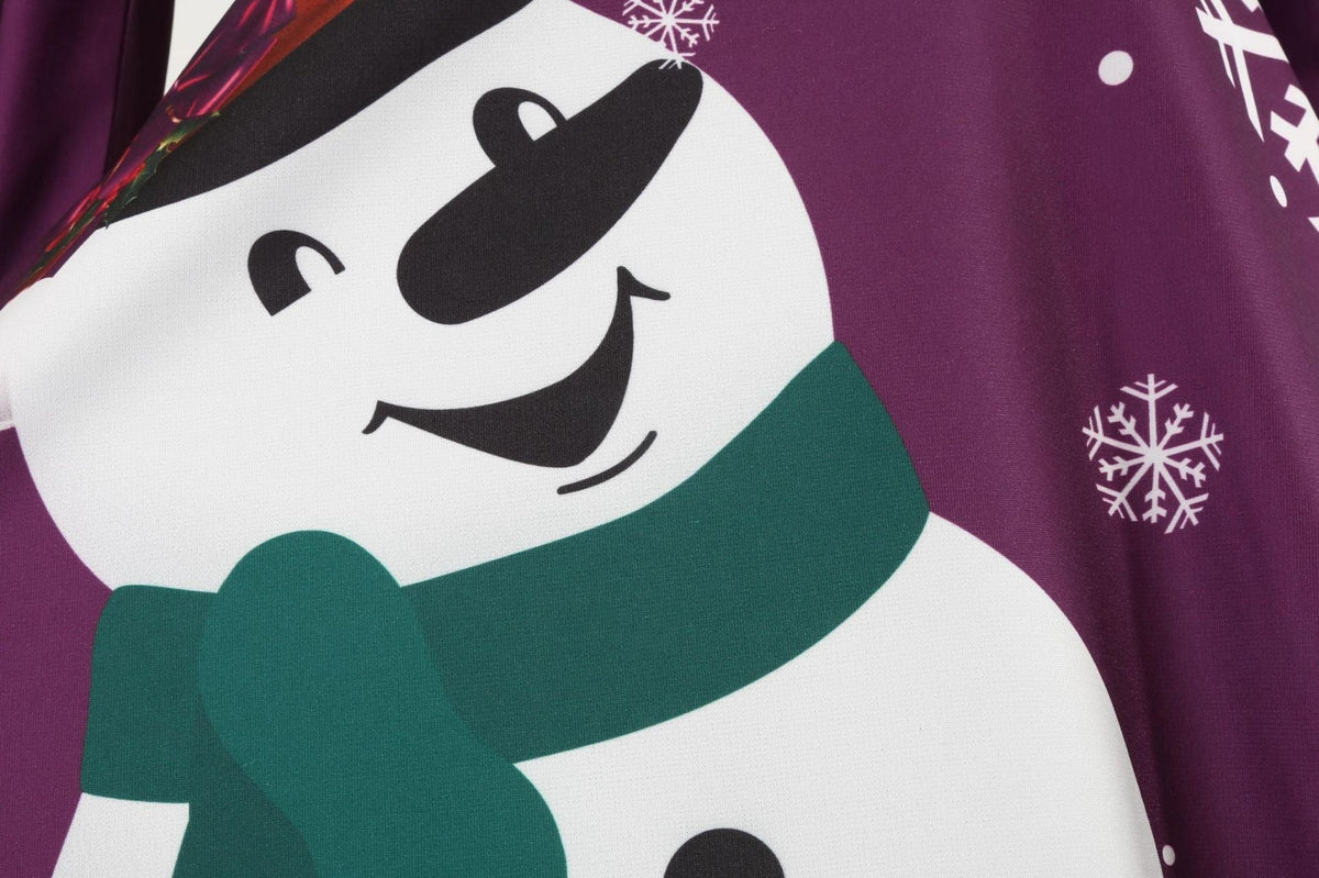 Women's Christmas dress with a large snowman print and mock-bolero bodice