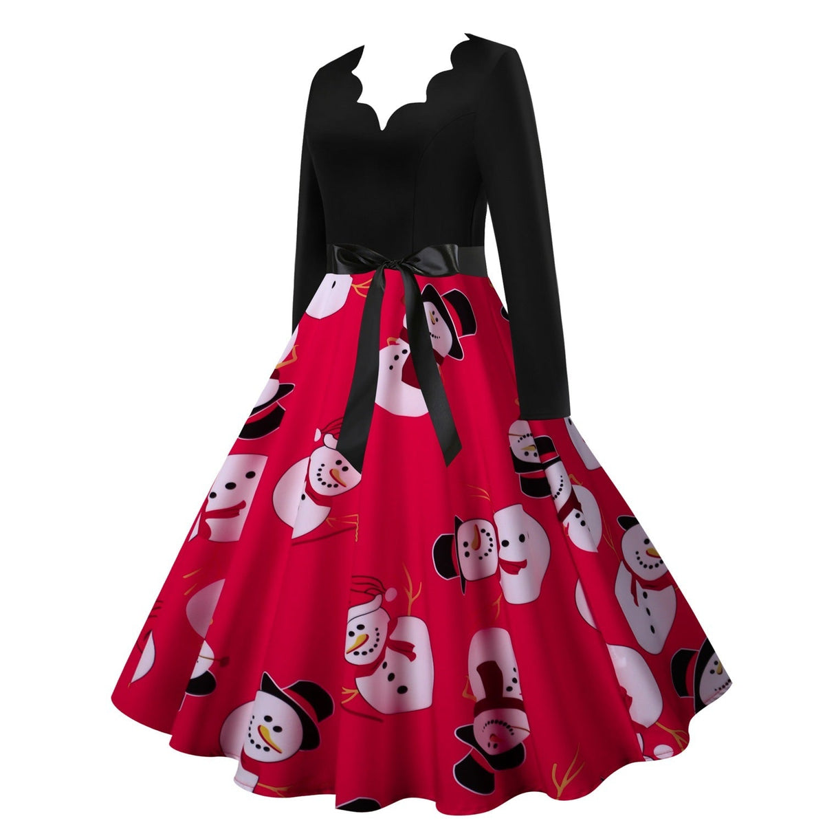 Women's Christmas swing dress with scalloped V-neck and red snowman-print skirt