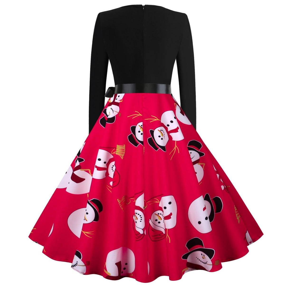 Women's Christmas swing dress with scalloped V-neck and red snowman-print skirt