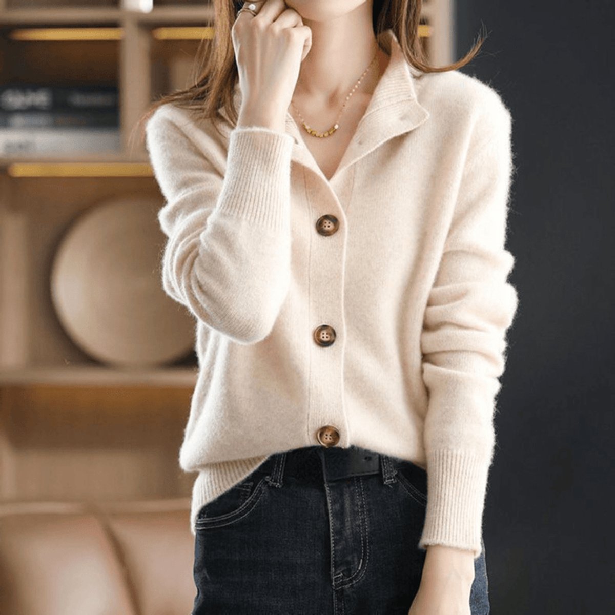 Women's soft knit cardigan with a convertible collar and brown buttons - cream